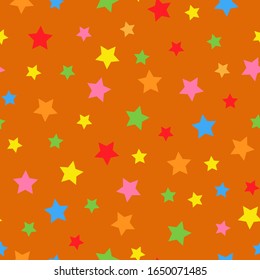 Simple pattern of stars. Orange background, colorful stars. The print is well suited for textiles, banner and Wallpaper, packaging.