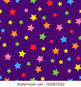 A simple pattern of stars . Purple background, colorful bright stars . Print is well suited for textiles, Wallpaper and packaging.