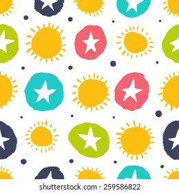 Simple pattern with stars and the sun. Seamless background can be used for wallpapers, pattern fills, web page backgrounds, surface textures.