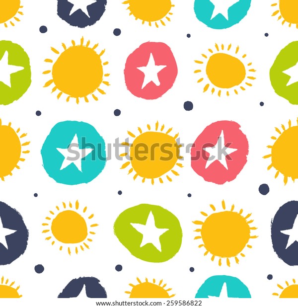 Simple pattern with stars and the sun. Seamless\
background can be used for wallpapers, pattern fills, web page\
backgrounds, surface\
textures.