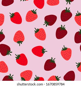 A simple pattern of strawberries. Pink background, juicy ripe strawberries. The print is well suited for textiles, packaging.