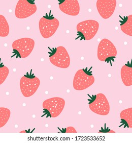 A simple pattern of strawberries. Soft pink background, pink strawberries, white dots. The print is well suited for textiles, Wallpaper and packaging.