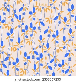 Simple pattern with stylized flowers, berries and plants.  Vector background for fabrics, prints, and designs. For botanical themes.