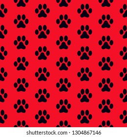 A simple pattern of traces. Red background, black animal tracks. Good print for textiles, packaging, banners, postcards.