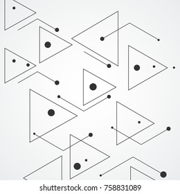 Simple pattern from triangles of lines and black dots, on white background. Designed for use in new technology projects. Simple, minimalistic, abstract background.