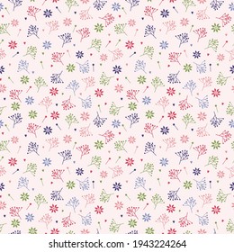 Simple Pattern with twig colorful. Seamless with tiny branch with flower. Nature Print for spring or summer decor, fabric. Floral decorative background. 