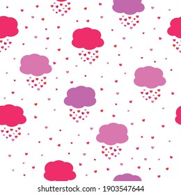 Simple pattern Valentine's day greeting card. cute pink clouds and hearts. white background. Vector texture. Fashionable print for packaging, textiles and wallpaper.