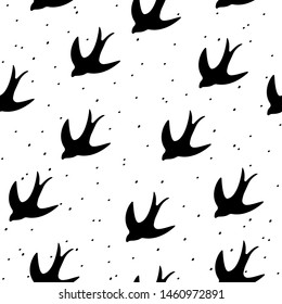 Simple pattern vector with birds. Style minimalistic background. Black and white print for clothes, textiles, fabrics.