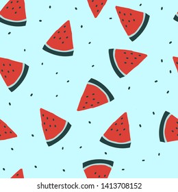 A simple pattern of watermelon. Blue background, juicy slices of watermelon. Print is well suited for textiles, Wallpaper and postcards, banners.