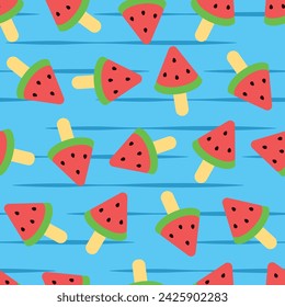 Simple Pattern of Watermelon Popsicles in Blue Background. Seamless Link.