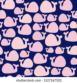 A simple pattern of whales. Dark blue background, cute pink whales. The print is well suited for textiles, banner and Wallpaper.