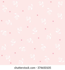 Simple pattern. White branches with berries and a set of small circles on a light pink background. Vector stock.