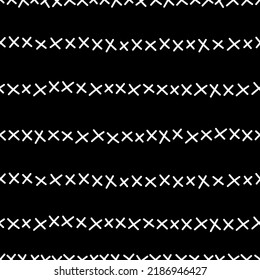 A simple pattern of white crosses on a black background. White stripes of crosses. Children's print for fabric, packaging, wallpaper, interior. Vector doodle illustration