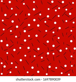 Simple pattern with white dots and short black stripes on red background. Vector design for wallpapers, pattern fills, web page backgrounds, surface textures.