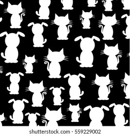 Simple pattern, white silhouettes of dogs and cats on black background