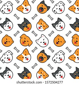 simple pattern witch different dogs and bones colorful white background. labrador, dalmatian, chow chow, corgi, husky, akita vector isolated