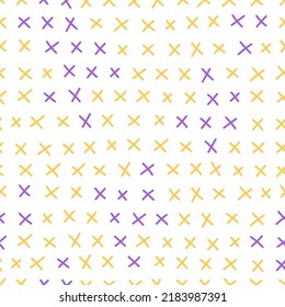 A simple pattern of yellow and purple crosses on a white background. Children's print for fabric, packaging, wallpaper, interior. Vector doodle illustration