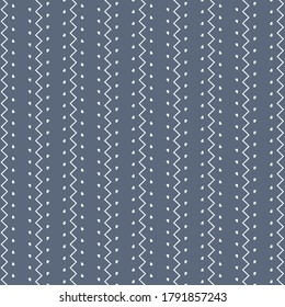 Simple pattern with zigzag stripes and rows of dots. Textile design in blue and white.