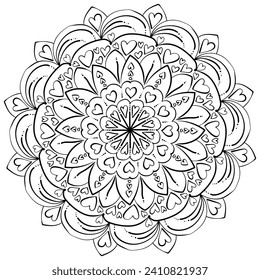 Simple patterned mandala with hearts and petals, anti-stress coloring page or postcard design vector illustration