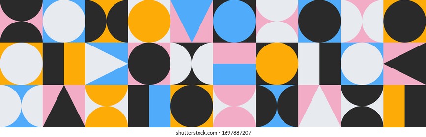 Simple patterns of square modules in bright colors, geometric composition. Fun in Memphis style.