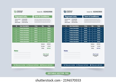 Simple payment agreement and invoice bill template vector with green and blue colors. Print-ready invoice design for corporate business. Professional cash receipt and product purchase record paper.