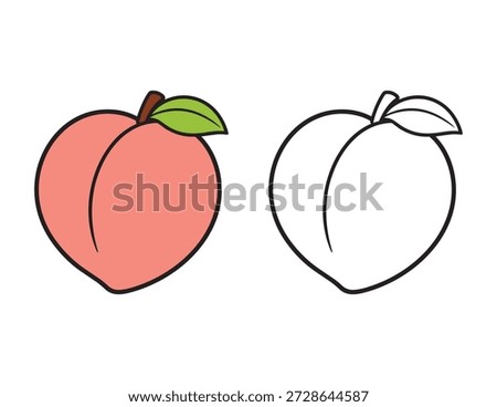 Simple peach fruit coloring page for kids with color and outline. Cartoon Fruit Illustration with Colored Example and Outline.