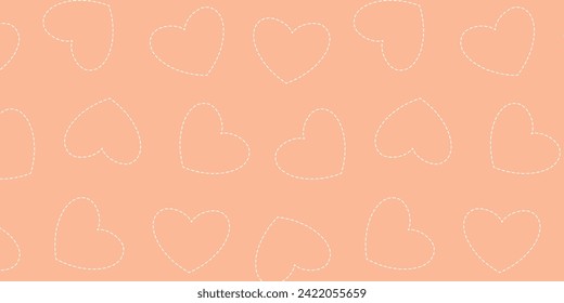 Simple peach fuzz background. Seamless pattern with white dashed line hearts. Cute Valentine's Day pattern for packaging, background, card, banner