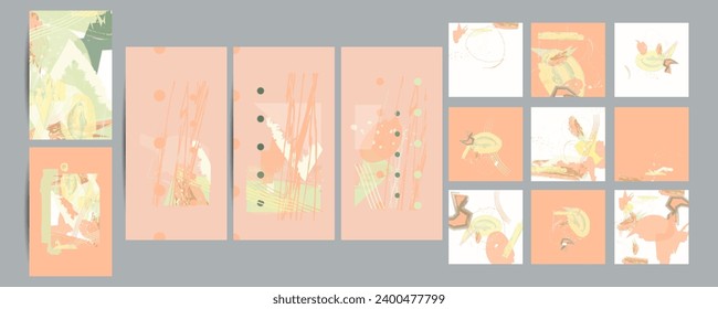 Simple Peach Fuzz color 2024 comfortable paint brush soothing pastel muted pale calm tones card templates set. Collection of romantic invitations