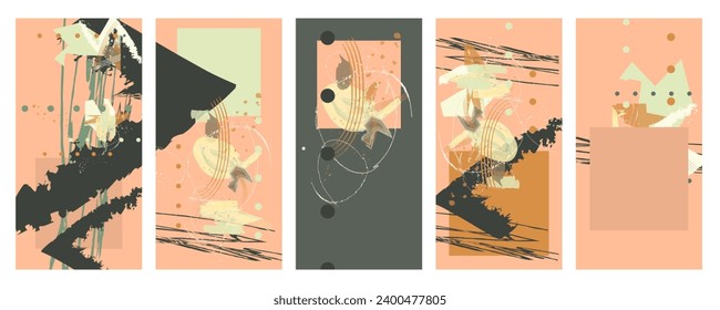 Simple Peach Fuzz color 2024 comfortable paint brush soothing pastel muted pale calm tones card templates set. Collection of romantic invitations