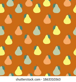 Simple pear abstract pattern. Yellow, green and orange pears. Terracotta background. Vector texture. Fashionable bright print for Wallpaper and textiles.