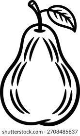 Einfache Birnenfrucht-Umriss mit Stamm und Blatt einzeln auf transparentem Hintergrund, kräftiges Symbol. Malbuch Linie Zeichnung von Früchten. Farbbuch, Vektorgrafik