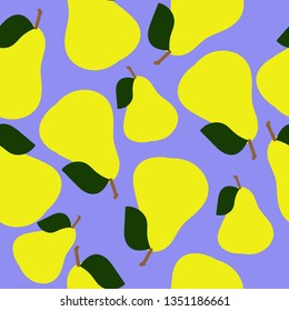 Simple pear pattern. Lilac background, juicy ripe pears. Print is well suited for textiles, banners, postcards, packaging.
