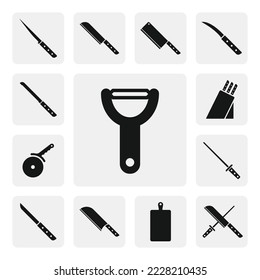 Icono de web plano peeler simple. Silhouette de señalización de cáscara de verduras simple. Diseño de vectores de iconos negros sólidos de peeler minimalista. Caricatura de Peeler. Conjunto de iconos de concepto de herramientas de cocina