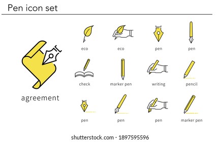 Simple pen icon set,line style,yellow and gray color,vector illustration