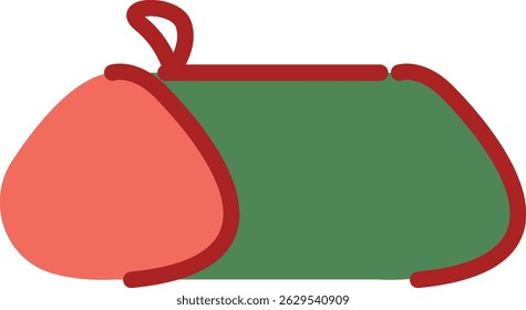 A simple pencil case is depicted with a rounded, coral-colored flap and a long, green body outlined in dark red. Cartoon vector illust