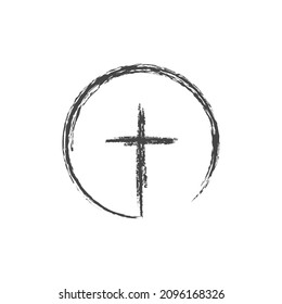 Simple pencil drawing cross in circle  Flat isolated Christian vector illustration  biblical background 