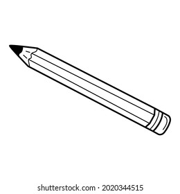 A simple pencil with an eraser. School item, office supplies. Doodle. Hand-drawn black and white vector illustration. The design elements are isolated on a white background