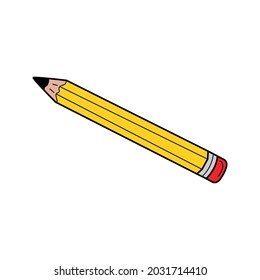 A simple pencil with an eraser. School item, office supplies. Doodle. Hand-drawn Colorful vector illustration. The design elements are isolated on a white background