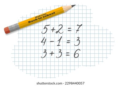 Un simple lápiz con un borrador, material escolar, papel, un cuaderno a cuadros con ejemplos matemáticos. El concepto de escolaridad, de vuelta a la escuela, primera vez en la escuela