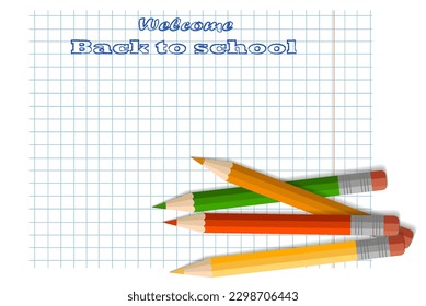 A simple pencil with an eraser, school supplies, stationery, a checkered notebook. The concept of schooling, back to school, first time to school