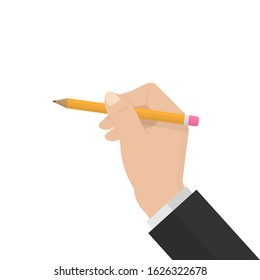 a simple pencil in a human hand.Hand holds a pencil. Stock vector illustration isolated on white background in cartoon style.10 eps.