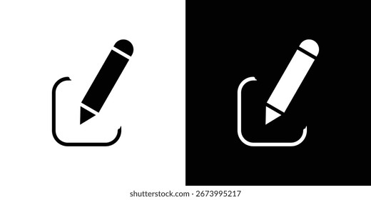 Icono de lápiz simple dentro de un cuadrado, que se muestra en fondos blancos y negros. Perfecto para editar, escribir o dibujar conceptos.