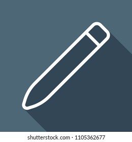 Simple pencil. Linear, thin outline. White flat icon with long shadow on background