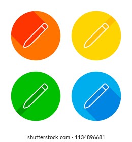 Simple pencil. Linear, thin outline. Flat white icon on colored circles background. Four different long shadows in each corners