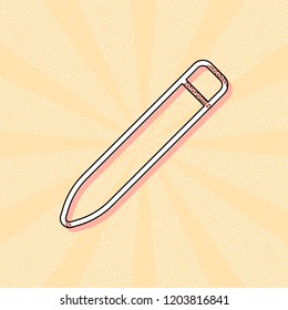 Simple pencil. Linear, thin outline. Vintage retro typography with offset printing effect. Dots poster with comics pop art background