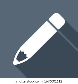 Simple pencil or pen, edit or write. White flat icon with long shadow on blue background