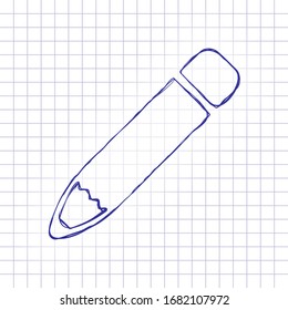 Simple pencil or pen, edit or write. Hand drawn picture on paper sheet. Blue ink, outline sketch style. Doodle on checkered background