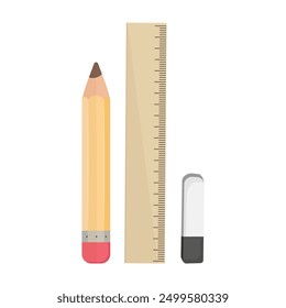 Simple pencil, ruler and eraser on isolated background. Back to school. Vector set of elements.