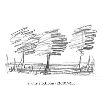 A simple pencil sketch of the trees. Fine freehand drawing in minimalistic style. Modern monochrome creative vector artistic background. Sloppy hand-drawn black and white illustration.