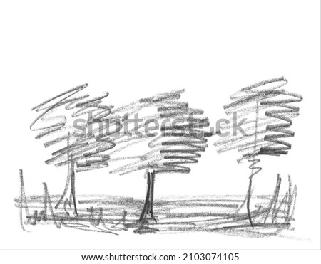 A simple pencil sketch of the trees. Fine freehand drawing in minimalistic style. Modern monochrome creative vector artistic background. Sloppy hand-drawn black and white illustration.